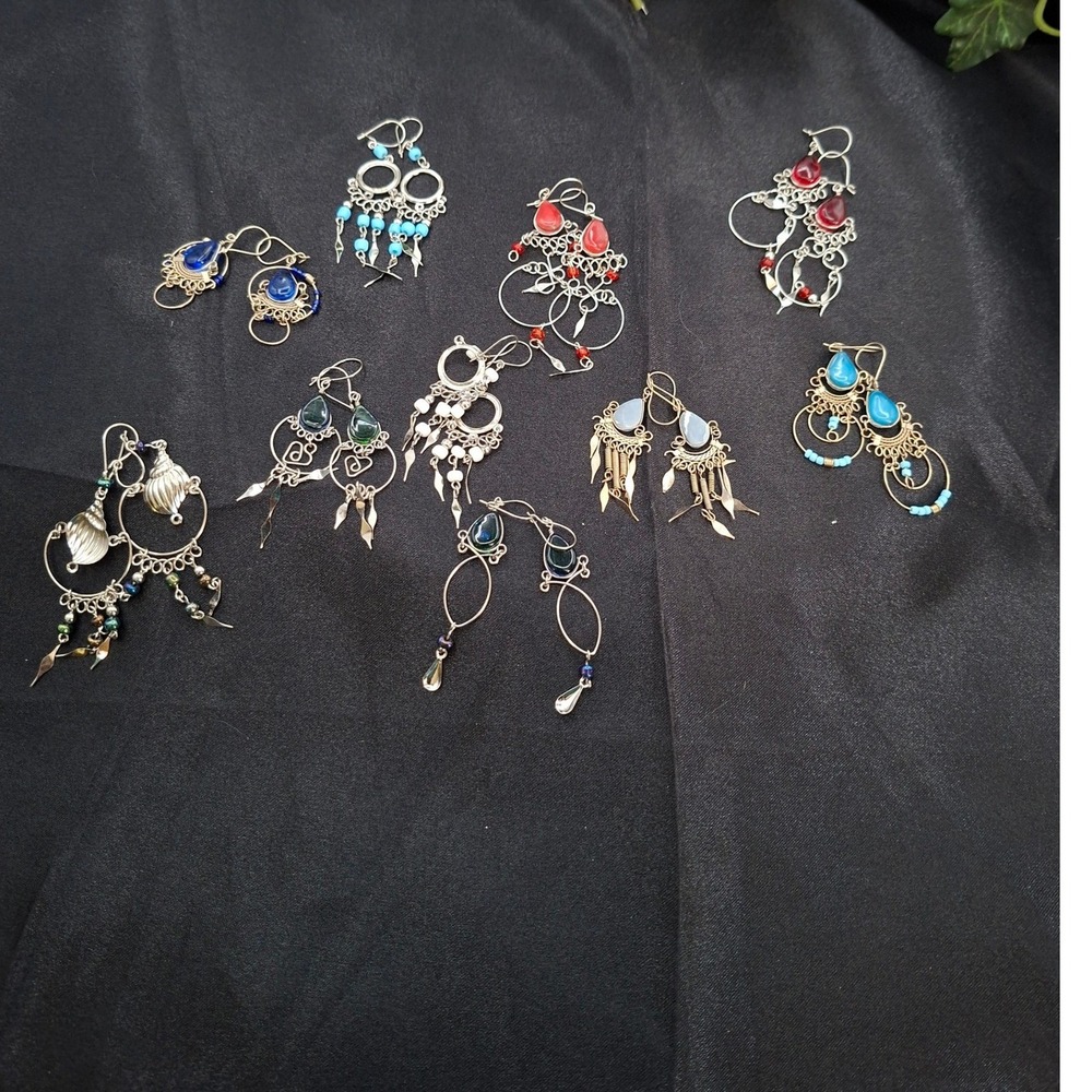 10 Pair Boho Dangle Earring Lot Silver Tone Chandelier Beaded Shell Teardrop Mix